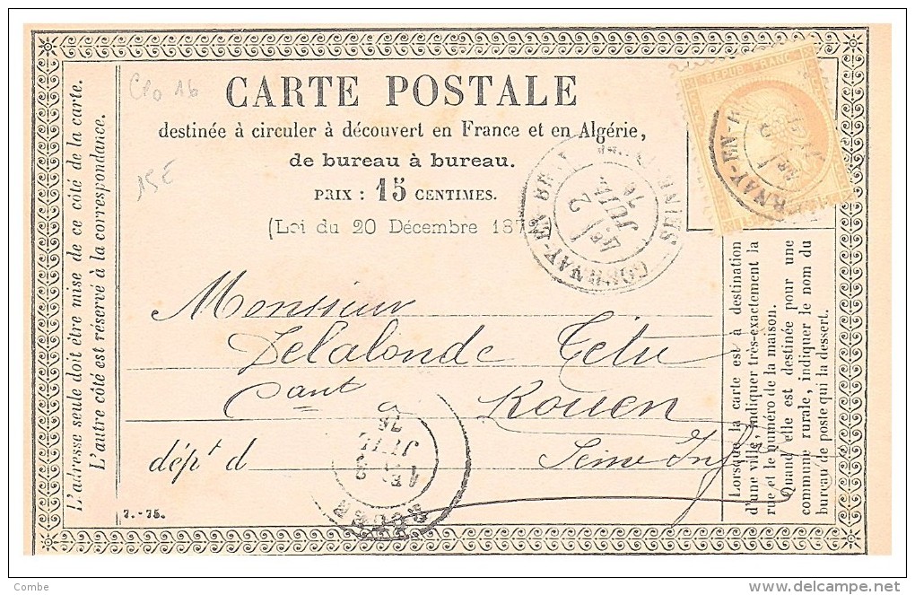 CARTE PRÉCURSEUR BLANC. 1876 SEINE MARITIME GOURNAIS EN BRAY - ROUEN   N° 55 /  4999 - 1849-1876: Classic Period