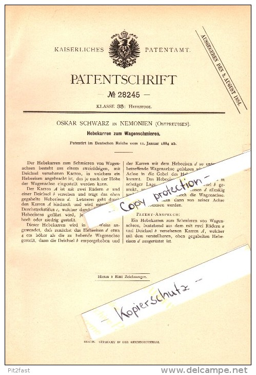 Original Patent - Oskar Schwarz In Nemonien / Golowkino , 1884 , Hebekarren , Russland , Polessk / Labiau !!! - Ostpreussen