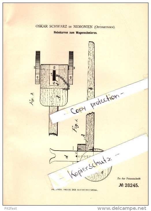 Original Patent - Oskar Schwarz In Nemonien / Golowkino , 1884 , Hebekarren , Russland , Polessk / Labiau !!! - Ostpreussen