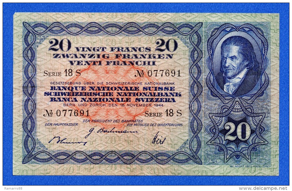 Switzerland 20 Franken / Francs 1944 P39n Johann Pestalozzi AVF - Svizzera