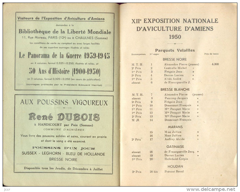 12e Exposition Nationale D´Animaux De Basse-Cour/Syndicat Des Aviculteurs De Picardie/Palmarès/Amiens/1950 - Animaux