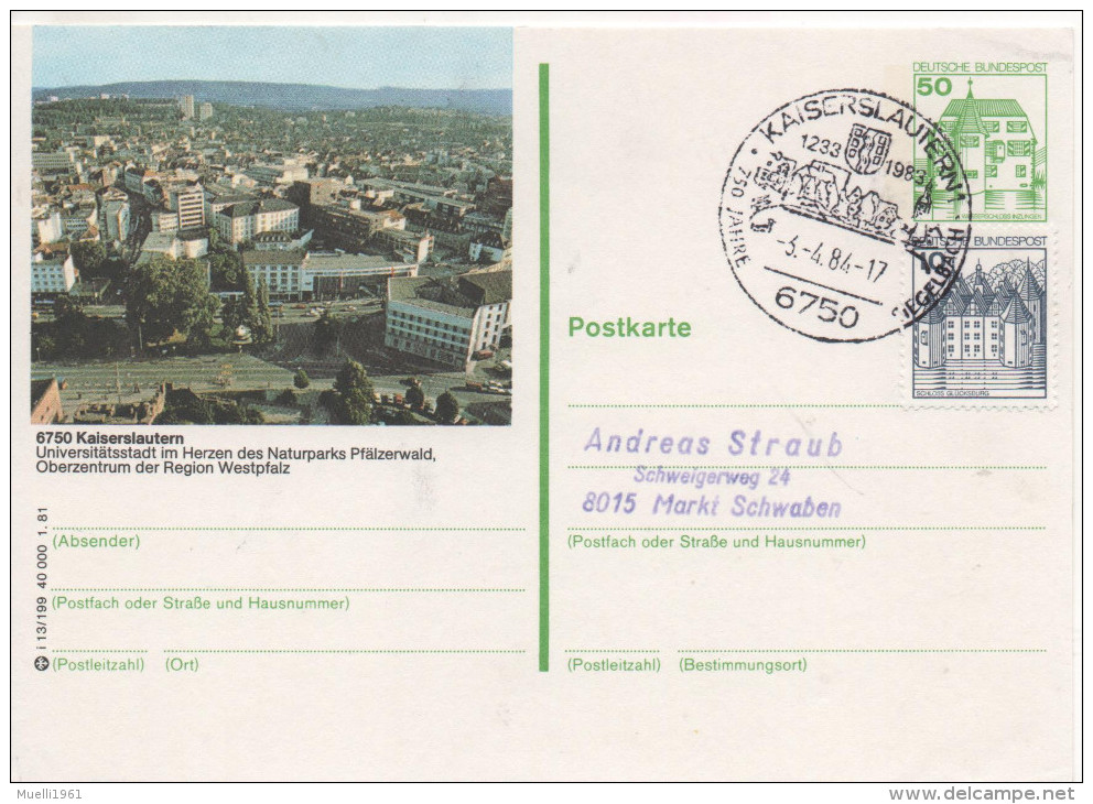 Nr. 3838,  Ganzsache Deutsche Bundespost,  Kaiserslautern - Cartes Postales Illustrées - Oblitérées