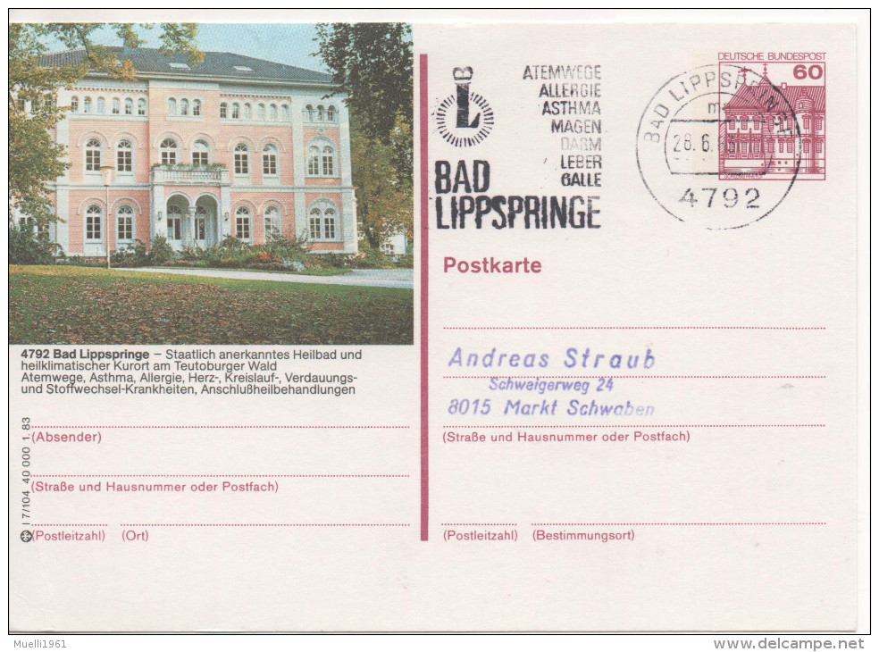 Nr. 3842,  Ganzsache Deutsche Bundespost,  Bad Lippspringe - Postales Ilustrados - Usados