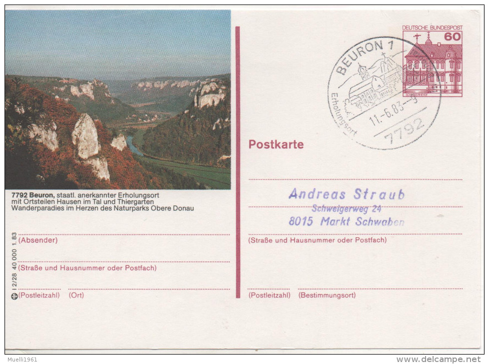 Nr. 3848,  Ganzsache Deutsche Bundespost,  Beuron - Cartes Postales Illustrées - Oblitérées