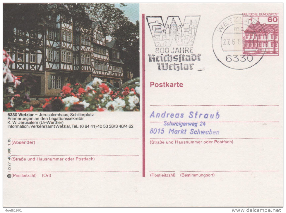 Nr. 3849,  Ganzsache Deutsche Bundespost,  Wetzlar - Cartes Postales Illustrées - Oblitérées
