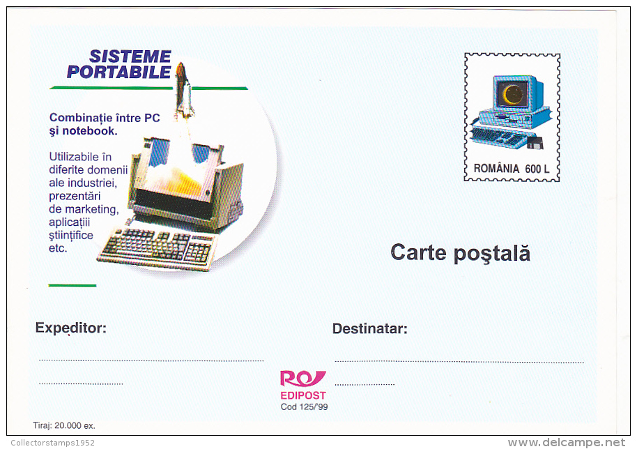 5800A, COMPUTERS, TECHNOLOGY, COSMIC ROCKET , 1999, POSTACARD STATIONERY, UNUSED,ROMANIA - Computers