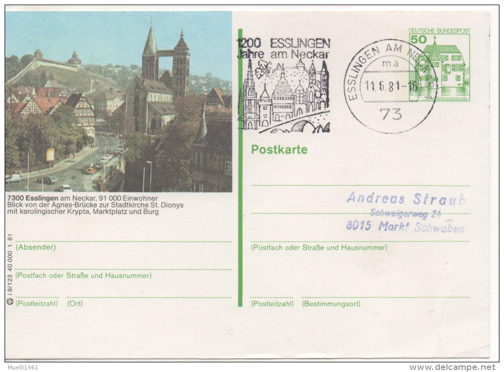 Nr. 3854,  Ganzsache Deutsche Bundespost,  Esslingen - Cartoline Illustrate - Usati