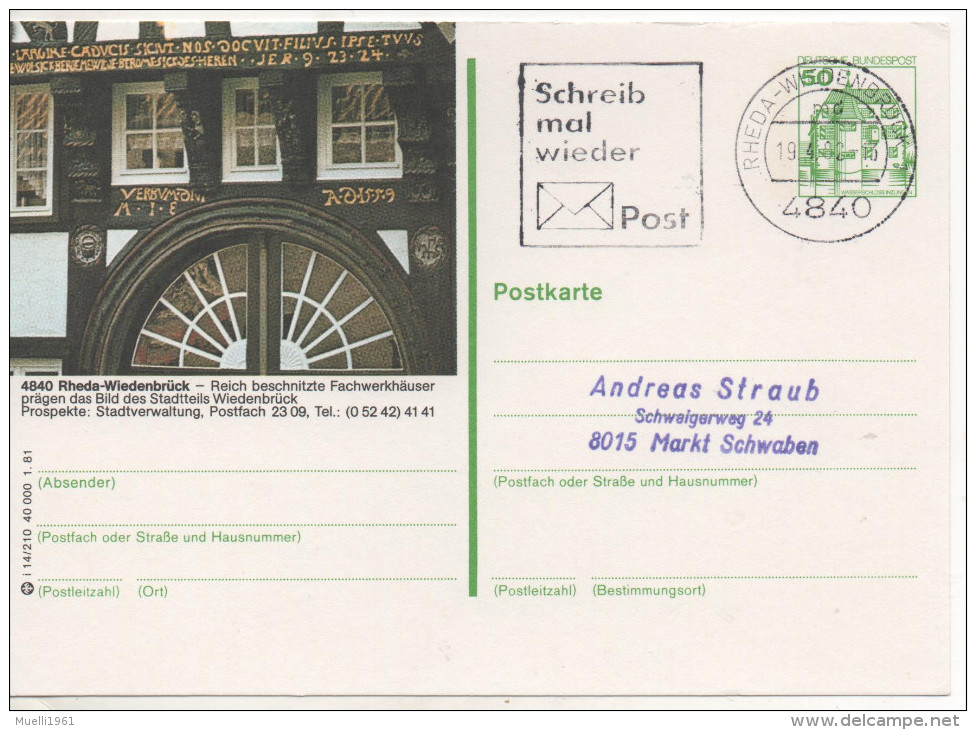 Nr. 3870,  Ganzsache Deutsche Bundespost,  Rheda-Wiedenbrück - Cartes Postales Illustrées - Oblitérées
