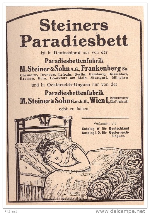 Original Werbung - 1911 - Steiners Paradiesbett , Frankenberg I. Sa. , M.Steiner , Bettenfabrik , Bettenhaus !!! - Frankenberg