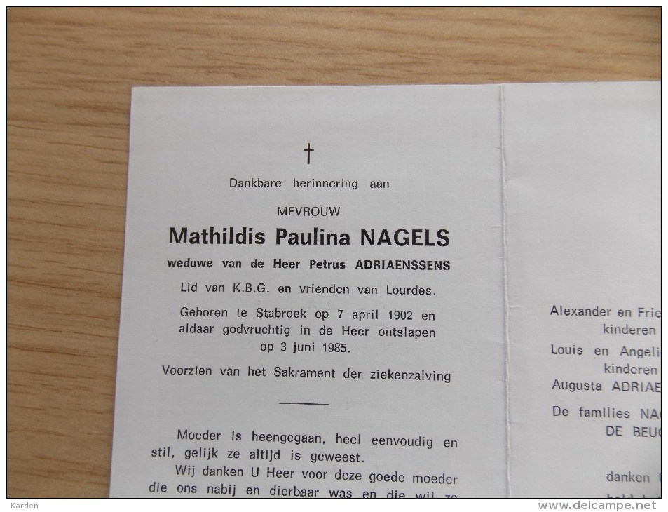 Doodsprentje Mathildis Paulina Nagels Stabroek 7/4/1902 - 3/6/1985 ( Petrus Adriaenssens ) - Religione & Esoterismo