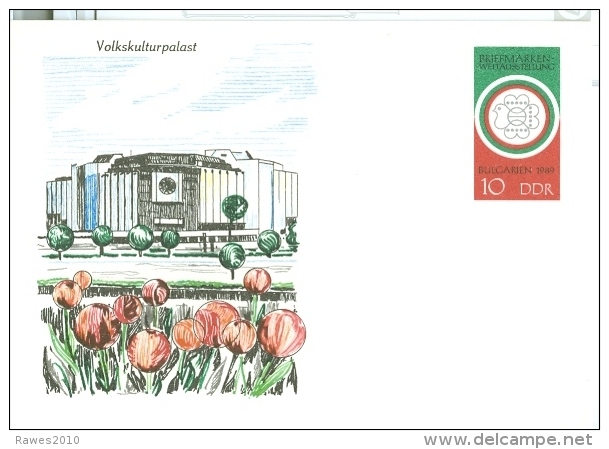 DDR Sonderpostkarte 1989 Ungebraucht Briefmarkenweltausstellung Bulgarien Volskkulturpalast Sofia Tulpen Bäume - Cartes Postales - Neuves