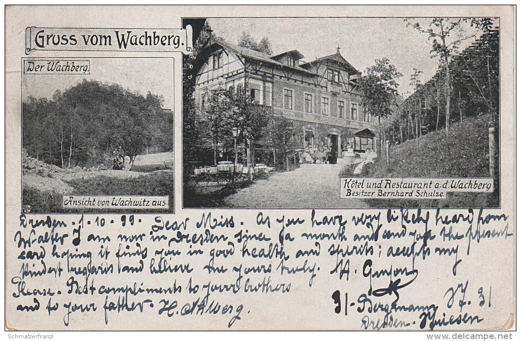 Litho AK Gruss Vom Wachberg Hotel Restaurant Gasthaus Bei Dresden Wachwitz Loschwitz Pillnitz Weisser Hirsch 1899 - Pillnitz