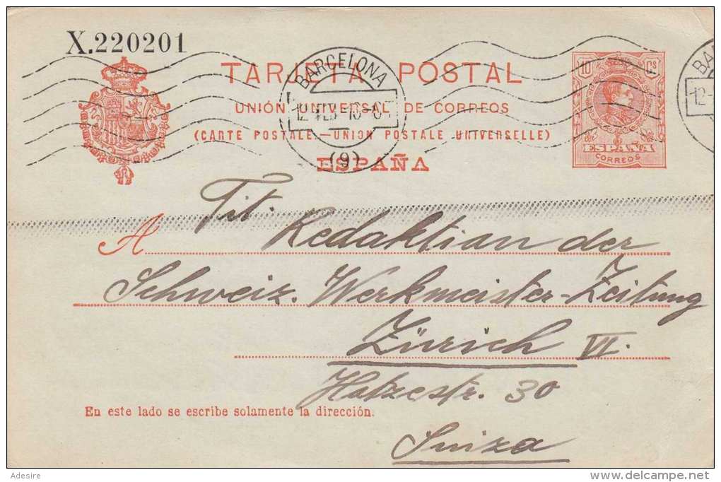 Espana 1916 - 10 Cs Ganzsache Auf Pk Barcelona > Zürich - Briefe U. Dokumente