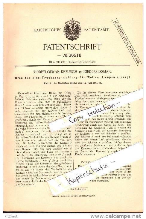 Original Patent - Kobbelöer & Kreusch In Niederseßmar B. Gummersbach , 1884 , Trockenofen Für Wolle !!! - Gummersbach