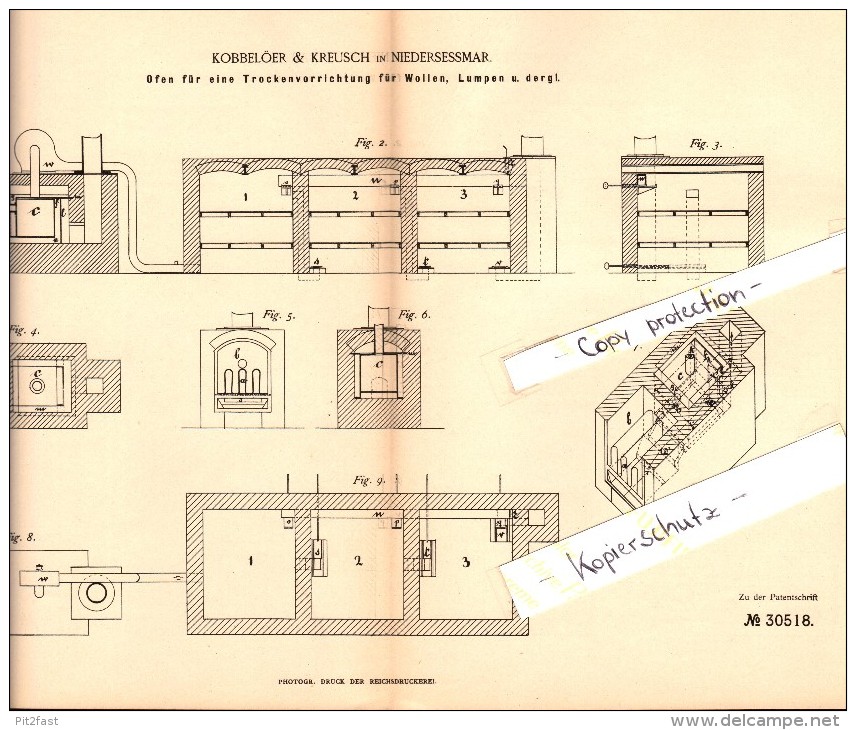 Original Patent - Kobbelöer & Kreusch In Niederseßmar B. Gummersbach , 1884 , Trockenofen Für Wolle !!! - Gummersbach