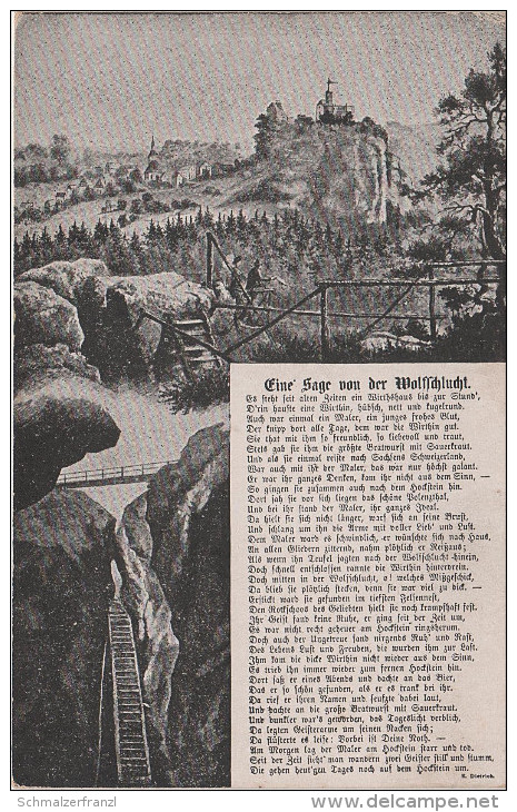 Litho AK Die Sage Von Der Wolfsschlucht Sächsische Schweiz Hockstein Bei Hohnstein Burg Rathewalde Rathen Schandau - Hohnstein (Sächs. Schweiz)