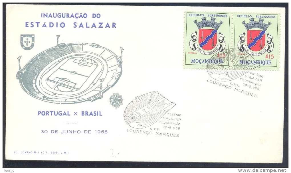 Mozambique 1968 Cover: Football Fussball Calcio Soccer Inauguration Of Stadium Salazar; Portugal - Brasil - Lettres & Documents