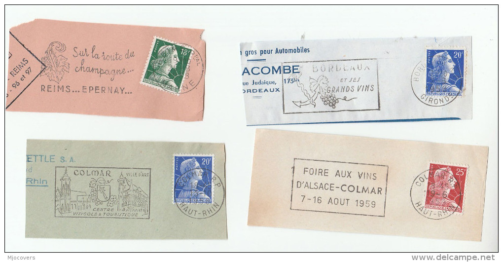 1958- 1959  France LOT Of 4 Different WINE And GRAPES Topic  Illus SLOGAN Postmarks On Piece, Stamps - Wines & Alcohols