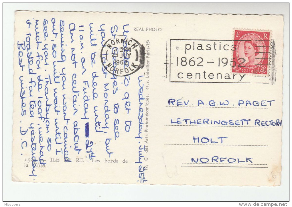 1964 COVER SLOGAN Pmk PLASTICS CENTENARY (postcard Ile De Re) Norwich Gb Stamps - Chimica