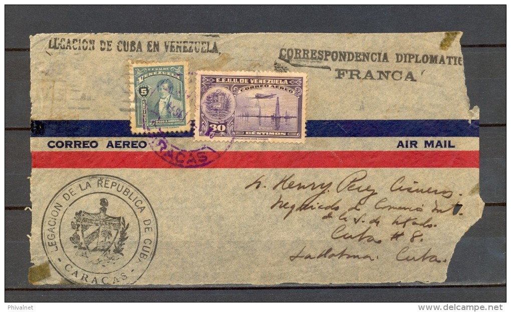1940 CARACAS, FRONTAL DE SOBRE CIRCULADO A LA HABANA, LEGACIÓN DE CUBA EN VENEZUELA, CORRESPONDENCIA DIPLOMÁTICA FRANCA - Venezuela