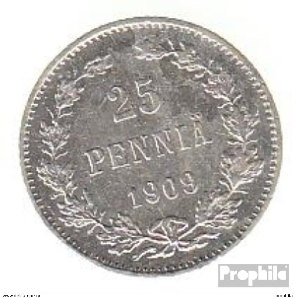 Finnland KM-Nr. : 6 1909 Vorzüglich Silber Vorzüglich 1909 25 Penniä Gekrönter Doppeladler - Finlandia