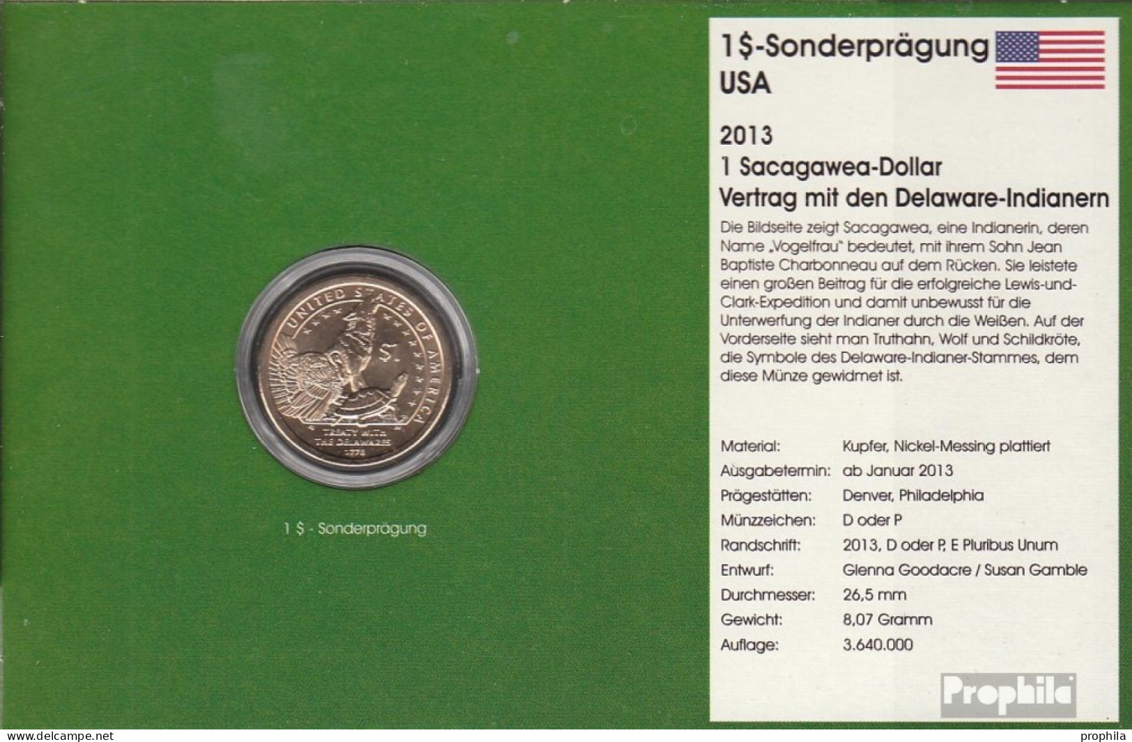 USA KM-Nr. : 551 2013 D Stgl./unzirkuliert Kupfer, Nickel-Me Plattiert Stgl./unzirkuliert 2013 1 Dollar Sacagawea - Dela - Zonder Classificatie