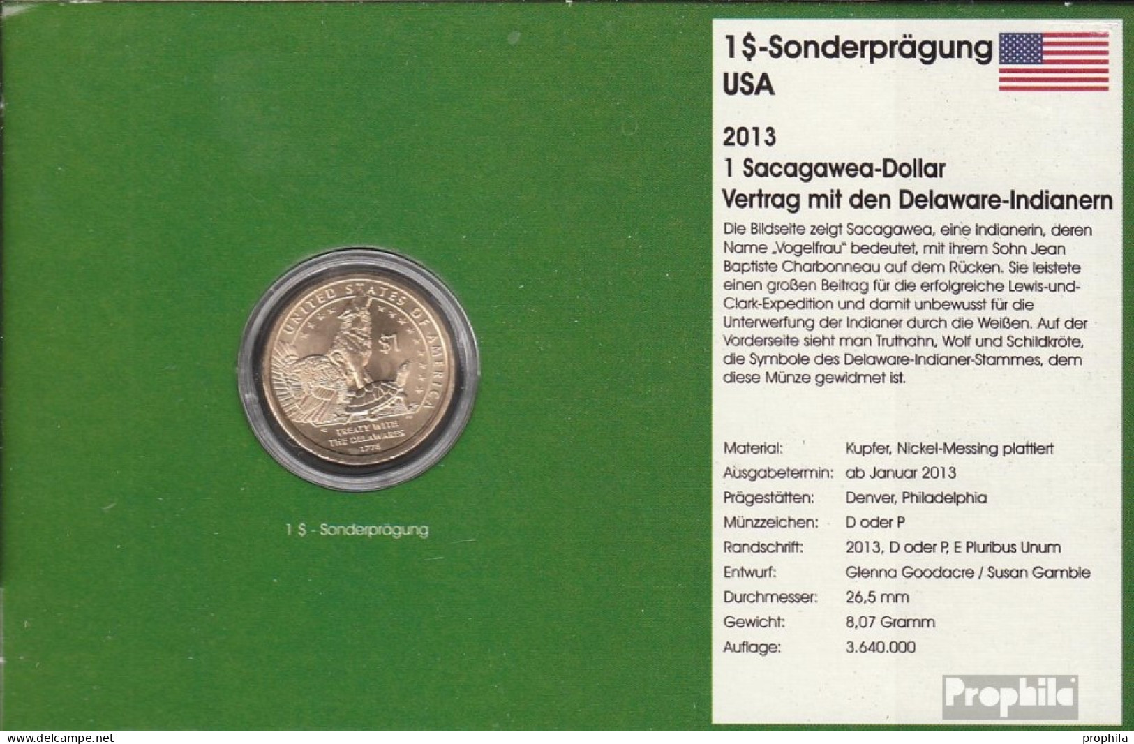 USA KM-Nr. : 551 2013 P Stgl./unzirkuliert Kupfer, Nickel-Me Plattiert Stgl./unzirkuliert 2013 1 Dollar Sacagawea - Dela - Sin Clasificación