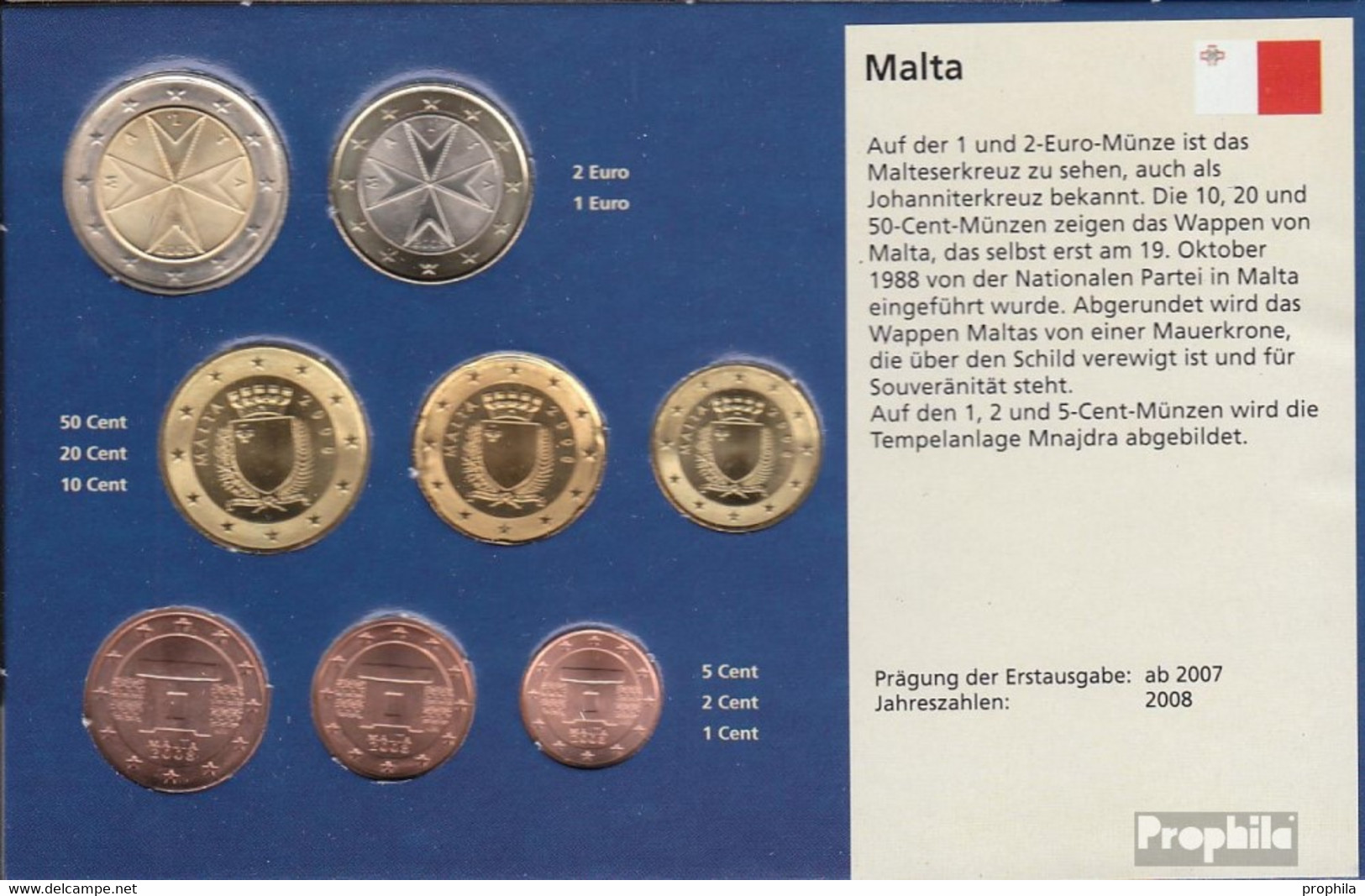 Malta 2008 Stgl./unzirkuliert Kursmünzensatz Stgl./unzirkuliert 2008 Euro-Erstausgabe - Malta