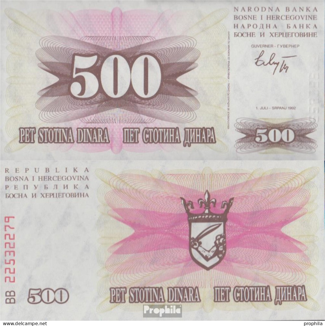 Bosnien-Herzegowina Pick-Nr: 14a Bankfrisch 1992 500 Dinara - Bosnien-Herzegowina