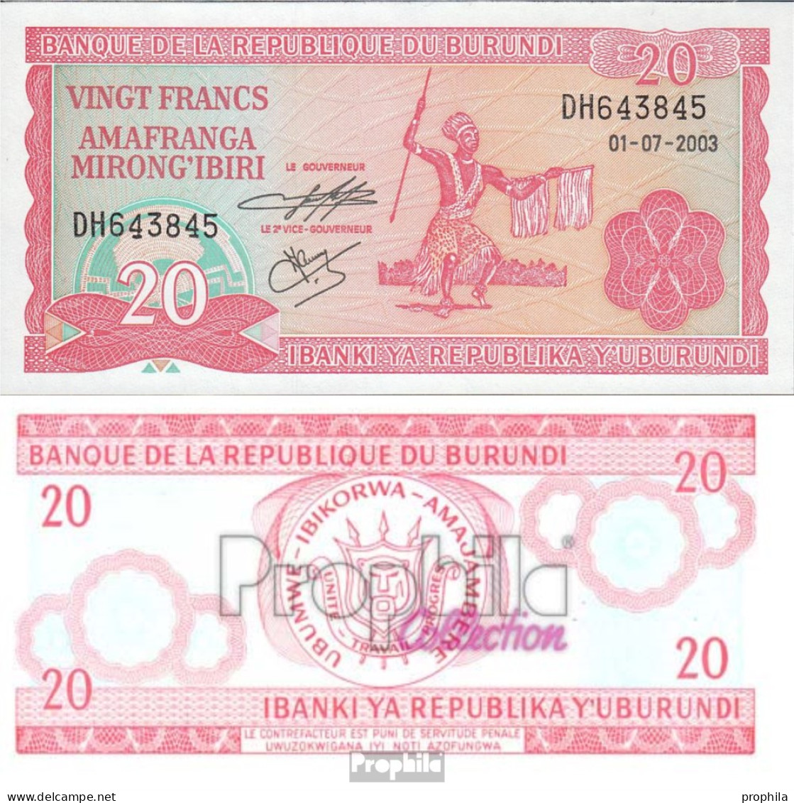 Burundi Pick-Nr: 27d (2003) Bankfrisch 2003 20 Francs - Burundi