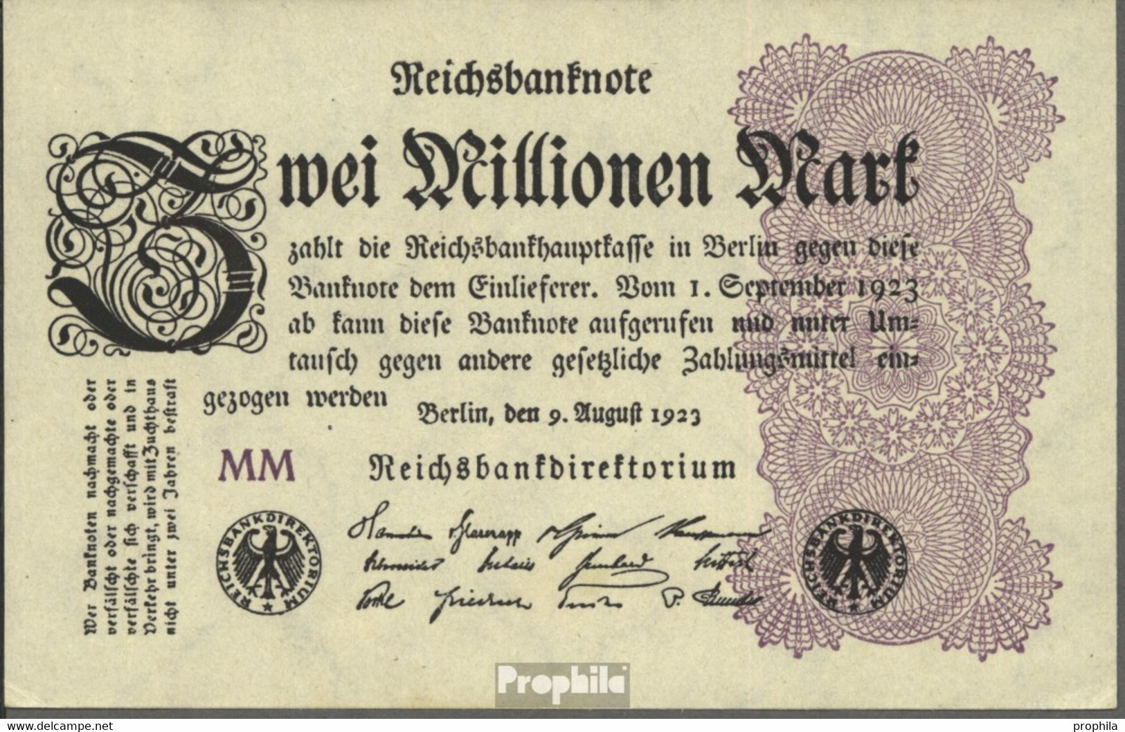 Deutsches Reich RosbgNr: 103e, Wasserzeichen Wellen Bankfrisch 1923 2 Millionen Mark - 2 Millionen Mark