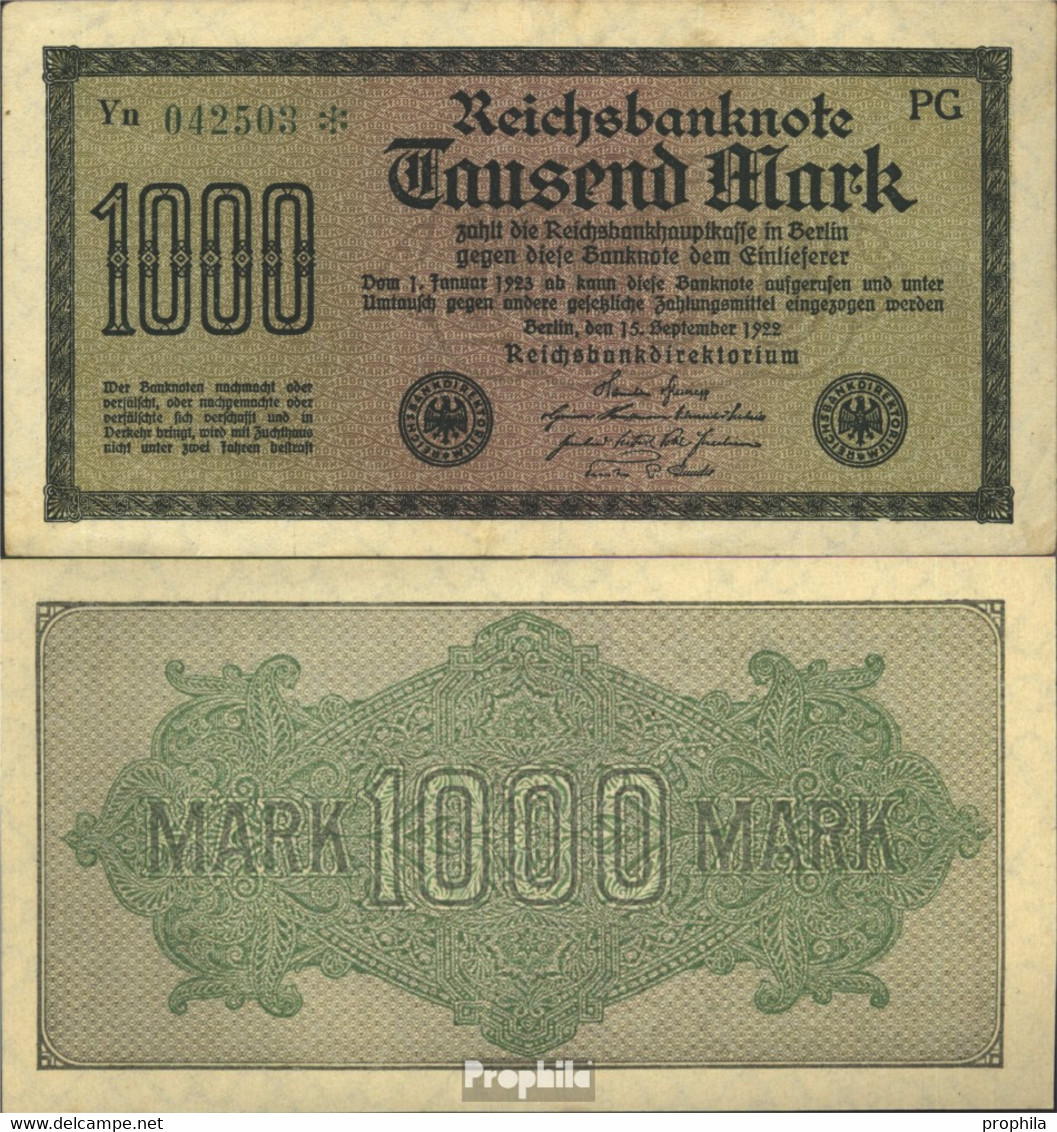 Deutsches Reich RosbgNr: 75m, Wasserzeichen Gitter Mit 8, Grüne Kontrollnummer Bankfrisch 1922 1.000 Mark - 1000 Mark