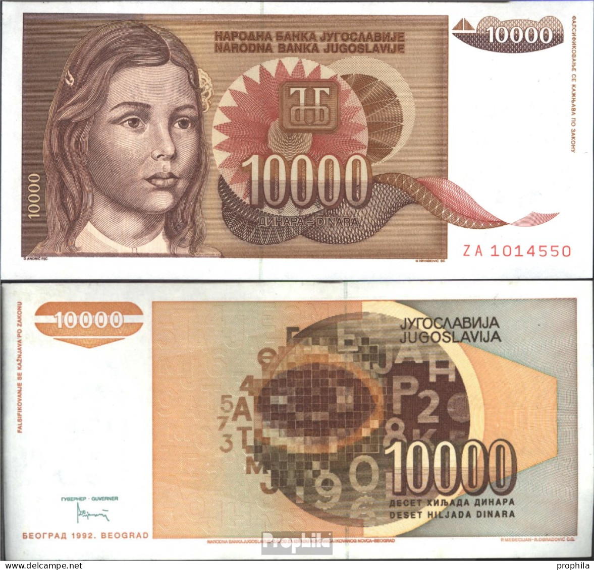 Jugoslawien Pick-Nr: 116a Bankfrisch 1992 10.000 Dinara - Yugoslavia