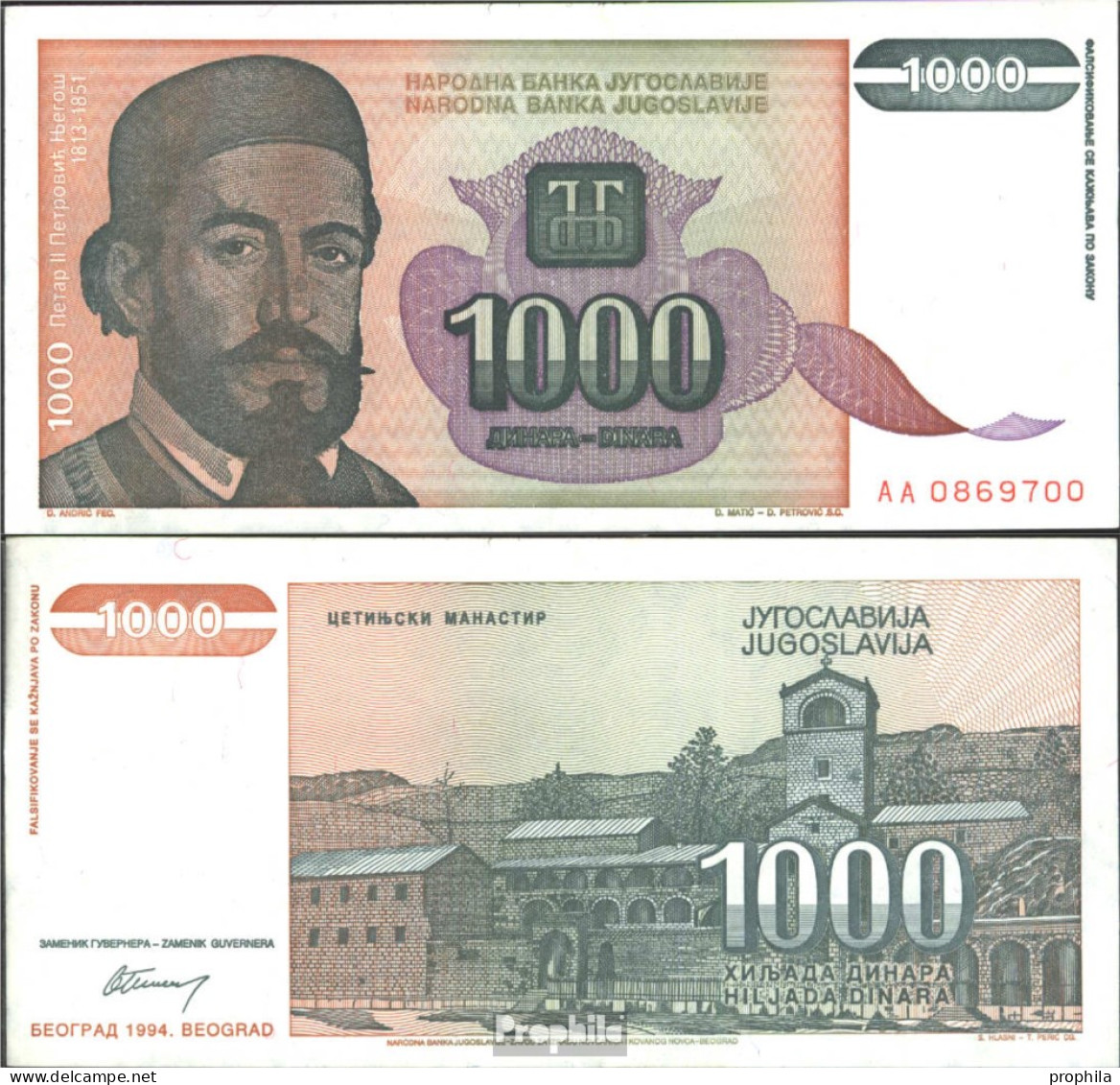 Jugoslawien Pick-Nr: 140a Bankfrisch 1994 1.000 Dinara - Yugoslavia