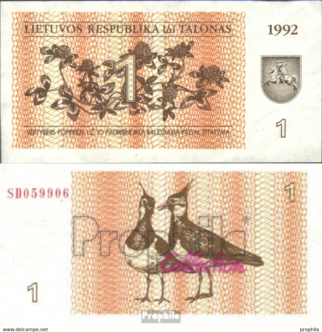 Litauen 39 Bankfrisch 1992 1 Talon - Lithuania