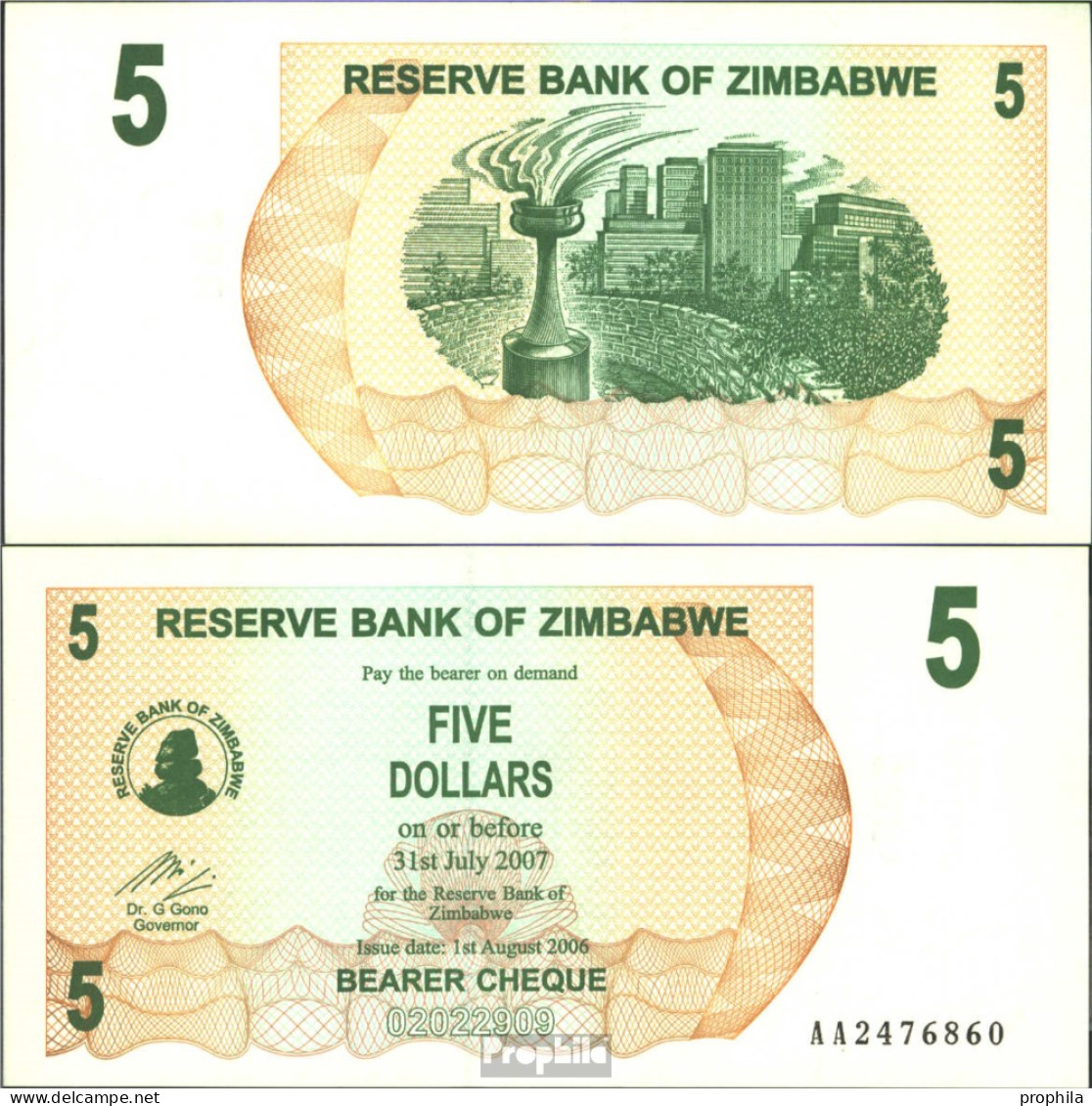 Simbabwe Pick-Nr: 38 Bankfrisch 2006 5 Dollars - Simbabwe