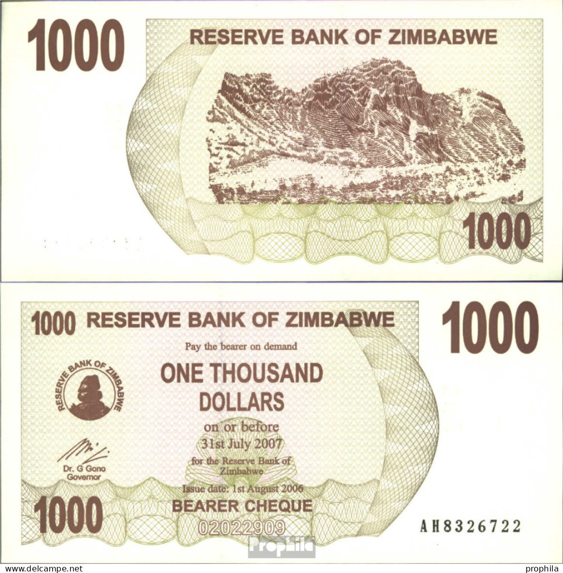 Simbabwe Pick-Nr: 44 Bankfrisch 2006 1.000 Dollars - Zimbabwe