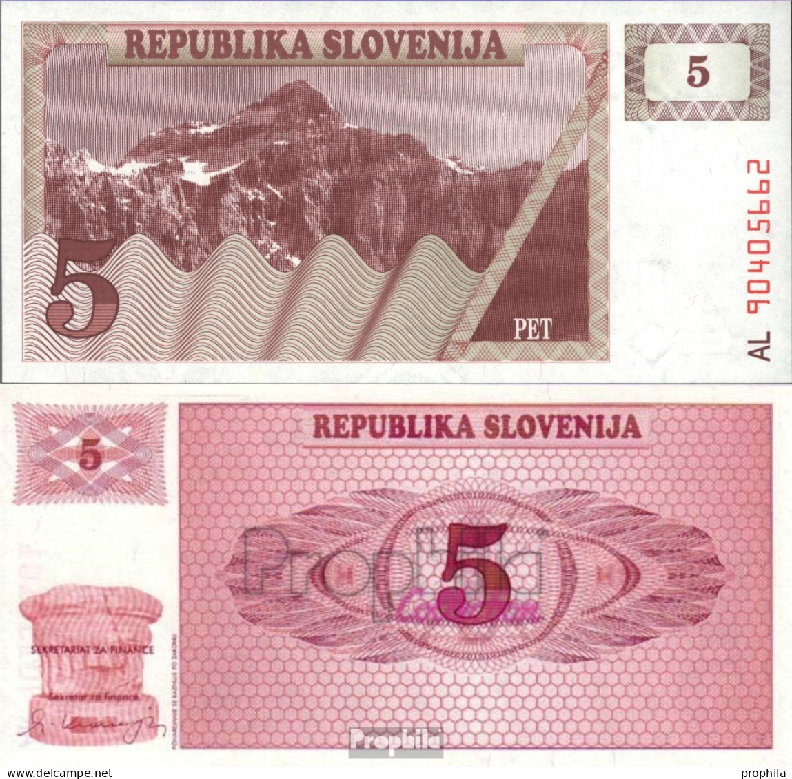 Slowenien Pick-Nr: 3a Bankfrisch 1990 5 Tolarjev - Slowenien