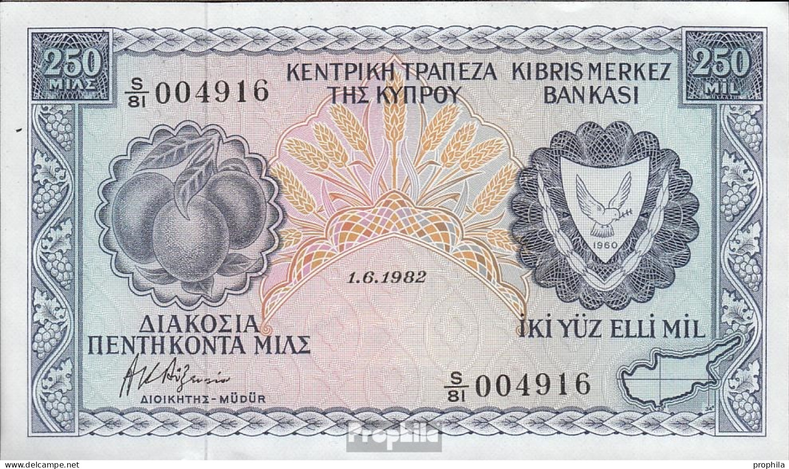 Zypern Pick-Nr: 41c (1.6.1982) Bankfrisch 1982 250 Mils - Chipre