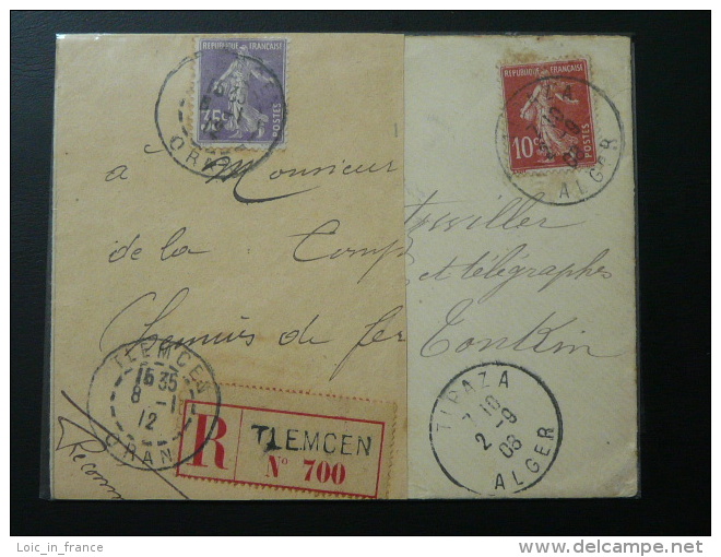 Lettre Semeuse Oblitération Tipaza 1908 + Fragment (non Collé) De Recommandé Oblitéré Tlemcen 1912 Algérie - 1906-38 Semeuse Camée