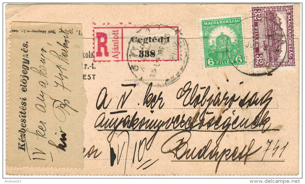 UNGHERIA - Hungary - Magyar - Ungarn - 1930 - Registered - 32 + 6 - Viaggiata Da Cegléd Per Budapest, Hungary - Storia Postale