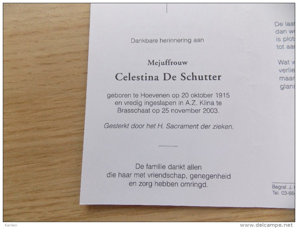 Doodsprentje Celestina De Schutter Hoevenen 20/10/1915 Brasschaat 25/11/2003 - Religion & Esotericism