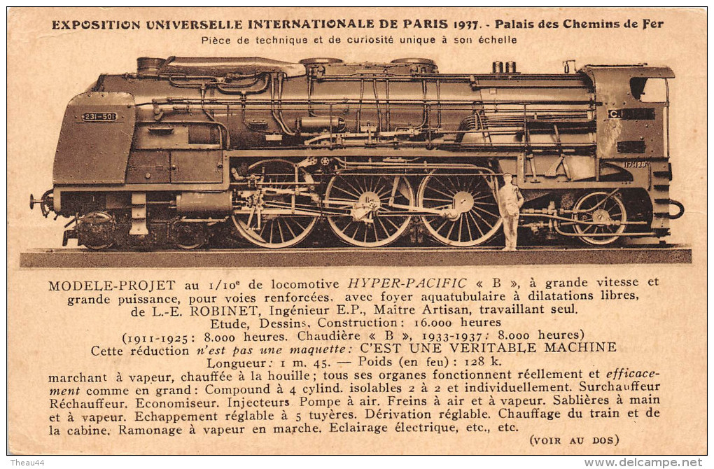 Exposition Universelle Internationale De 1937  -  Modèle Projet Au 1/10e De La Loco HYPER-PACIFIC "B" - Eisenbahnen