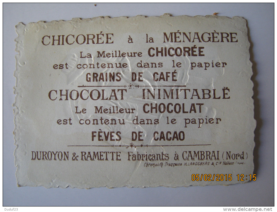 CHROMO DECOUPI GAUFREE DUROYON & RAMETTE CHICOREE  CHOCOLAT CAMBRAI PAYSANS SABOTS COIFFE PARAPLUIE POUPEE Imp Landsberg - Duroyon & Ramette