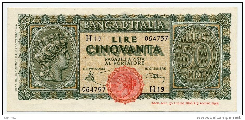 50 LIRE, DECR. MIN. 10/12/1944 ITALIA - ITALY (FDS - UNC)  "Italia Turrita" - 50 Lire