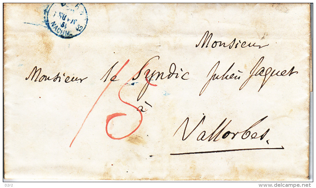 1852- LETTRE DE BERN AU SYNDIC DE VALLORBE- TTB-TAXEE 15 EN ROUGE-CACHET DE BERNE EN BLEU !!!! - ...-1845 Préphilatélie