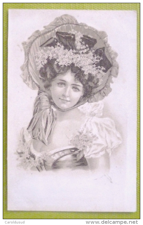 Litho Sepia Illustrateur BOTTARO Style Portrait Belle Fille Femme Chapeau Fleurs Et Corsage Decolleté - Bottaro