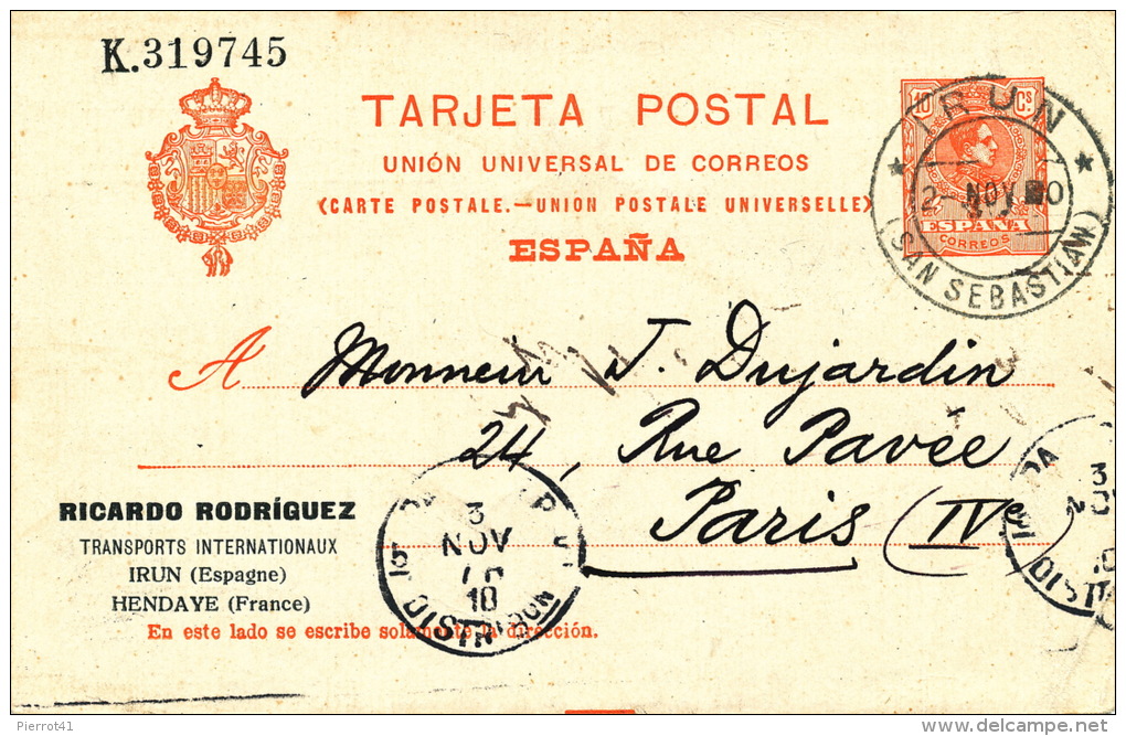 ESPAGNE - PAIS VASCO - Carte De Correspondance Des TRANSPORTS INTERNATIONAUX RICARDO RODRIGUEZ - IRUN - HENDAYE (1910) - Autres & Non Classés