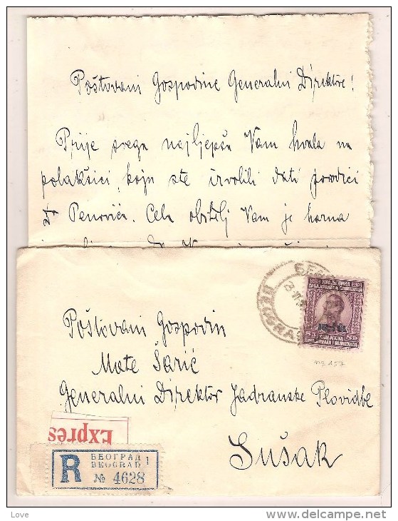 YOUGOSLAVIE : Timbre N°157 Obl. En 1924,  Sur Lettre Recommandée Express, Avec Son Contenu - Other & Unclassified