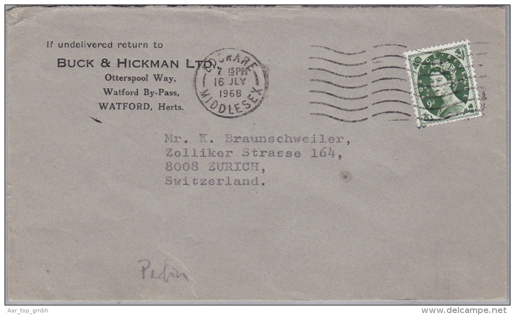 GB 1968-07-16 EDGWARE Perfin Brief Nach Zürich - Covers & Documents